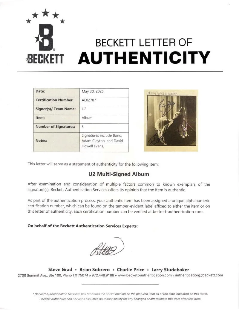 Bono, Adam Clayton, The Edge — Bono The Edge & Adam Clayton Signed Autograph U2 Album Vinyl Record Beckett COA, изображение 3