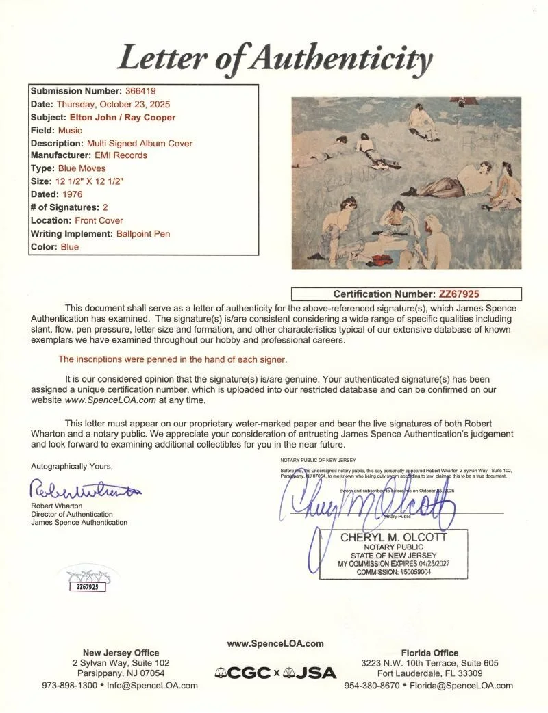 Ray Cooper, Elton John — Elton John & Ray Cooper Signed Autograph Album Vinyl Record - Blue Moves JSA COA, изображение 5