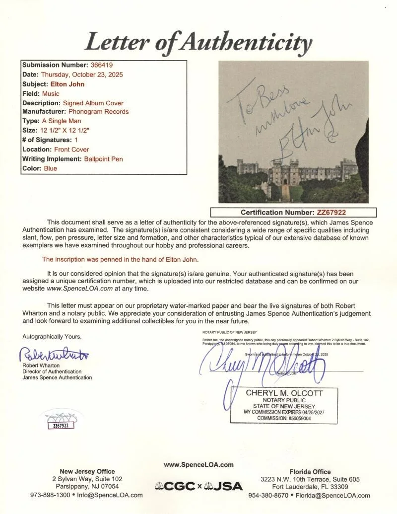 Elton John — Elton John Signed Autograph Album Vinyl Record LP - A Single Man w/ JSA COA, изображение 4