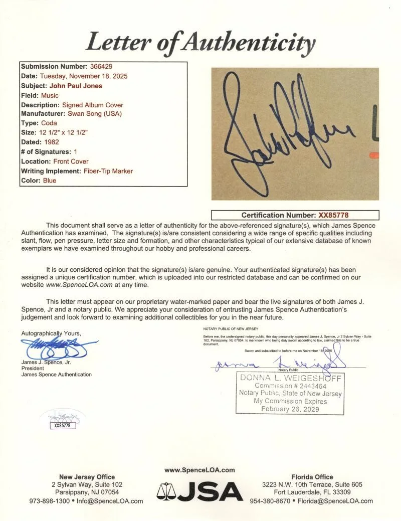 John Paul Jones — John Paul Jones Led Zeppelin Signed Autograph Album Vinyl Record - Coda JSA COA, image 3