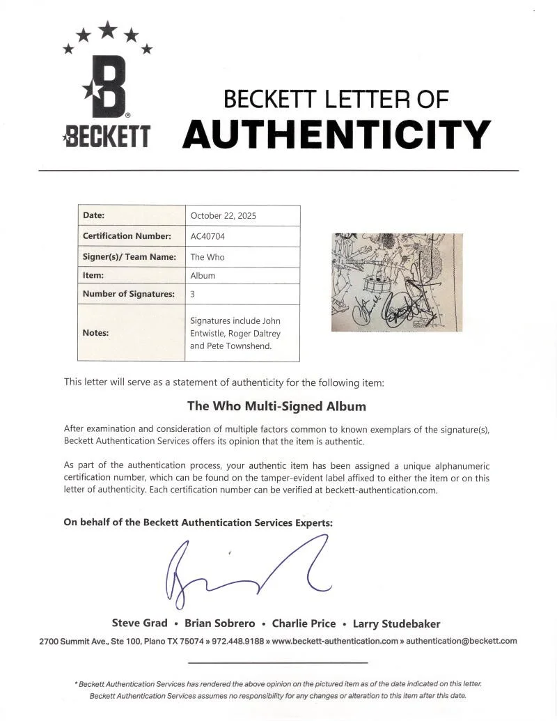 Roger Daltrey, John Entwistle, Pete Townshend — John Entwistle Roger Daltrey Pete Townshend Signed Autograph Who Record Beckett, изображение 3