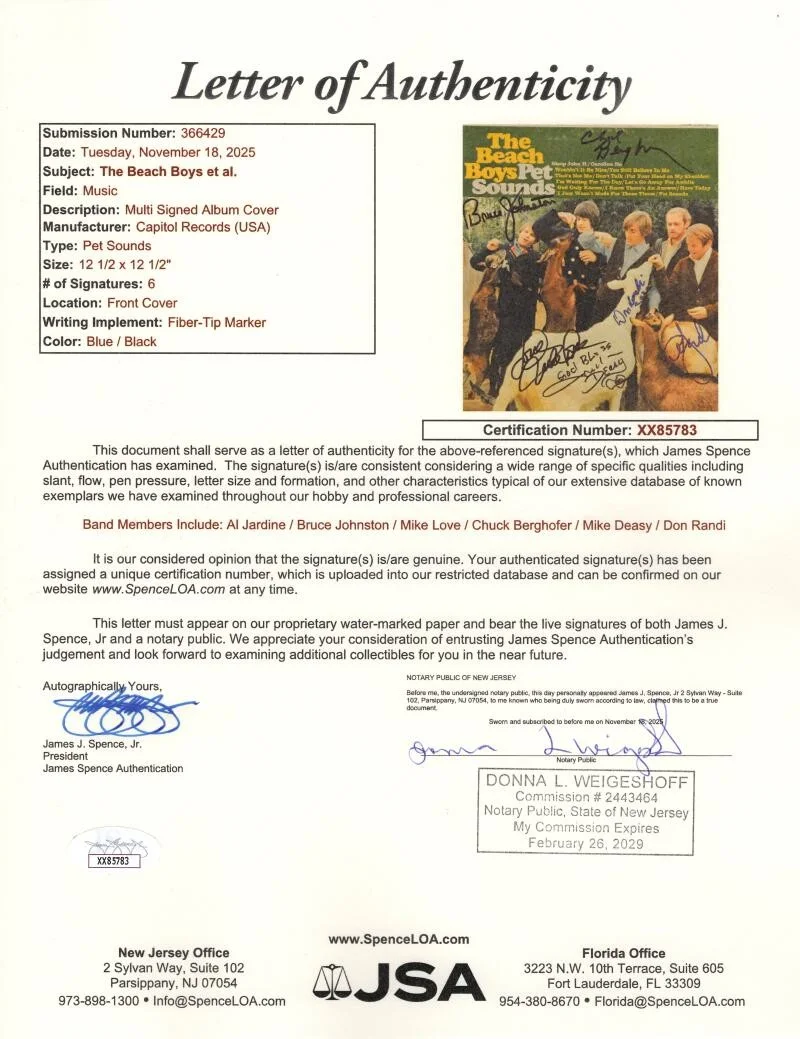Chuck Berghofer, Mike Deasy, Al Jardine, Bruce Johnston, Mike Lov — Beach Boys & Contributors x6 Signed Autograph Pet Sounds Album Record w/ JSA COA, изображение 3