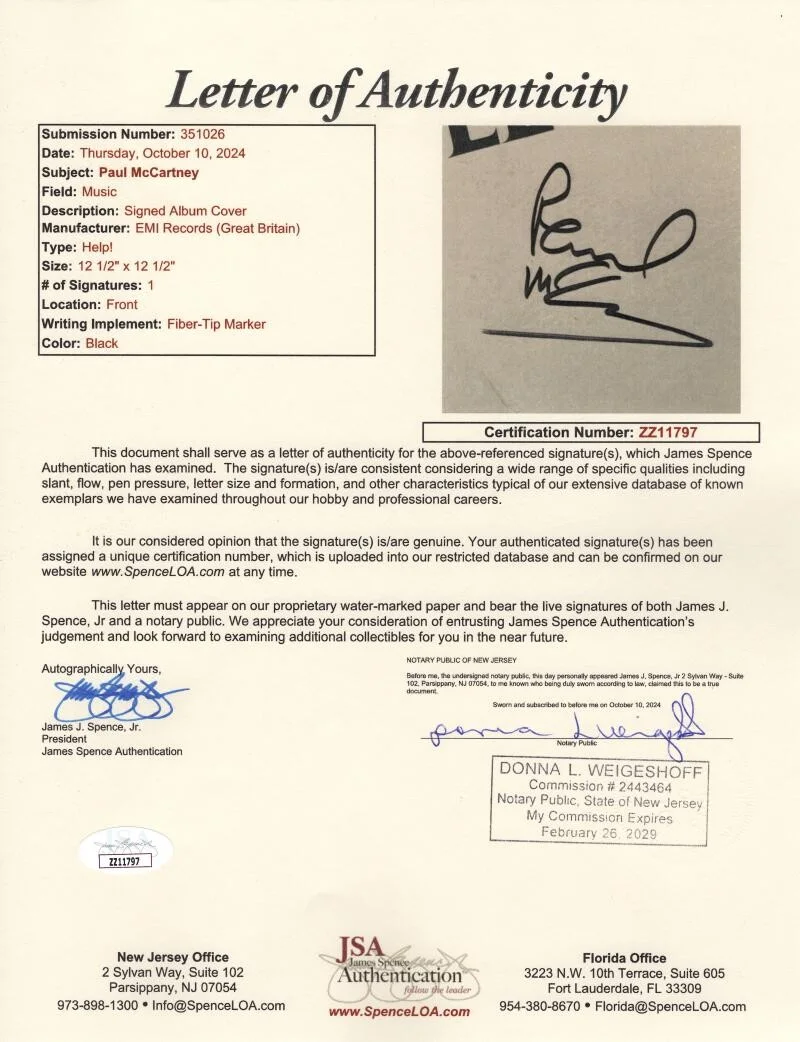 Paul McCartney — Paul McCartney The Beatles Signed Autograph Album Vinyl Record Help! w/ JSA COA, изображение 4