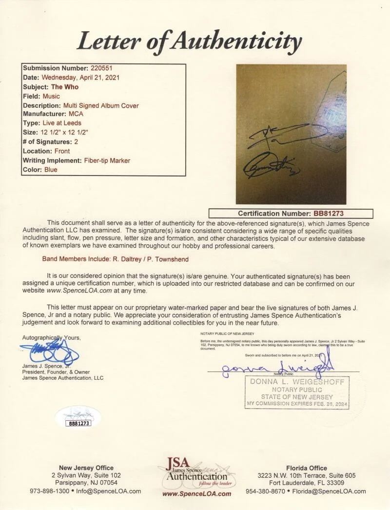 Roger Daltrey, Pete Townshend — Roger Daltrey Pete Townshend Signed Autograph The Who Leeds Album Record JSA COA, image 3