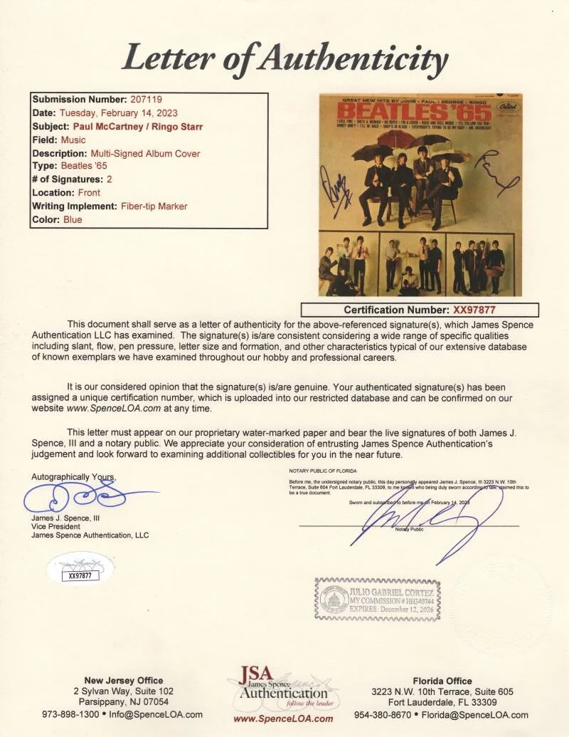 Paul McCartney, Ringo Starr — Paul McCartney & Ringo Starr Signed Autograph Album Record The Beatles 65 - JSA, изображение 5