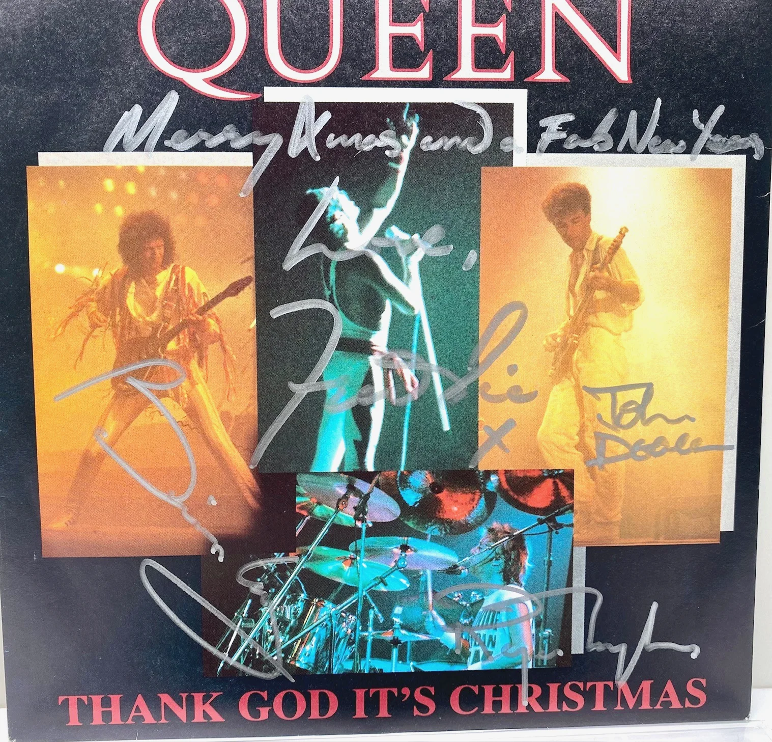 1984 Queen Thank God It's Christmas 45 Record Signed By 4 Band Freddie Mercury, image 2
