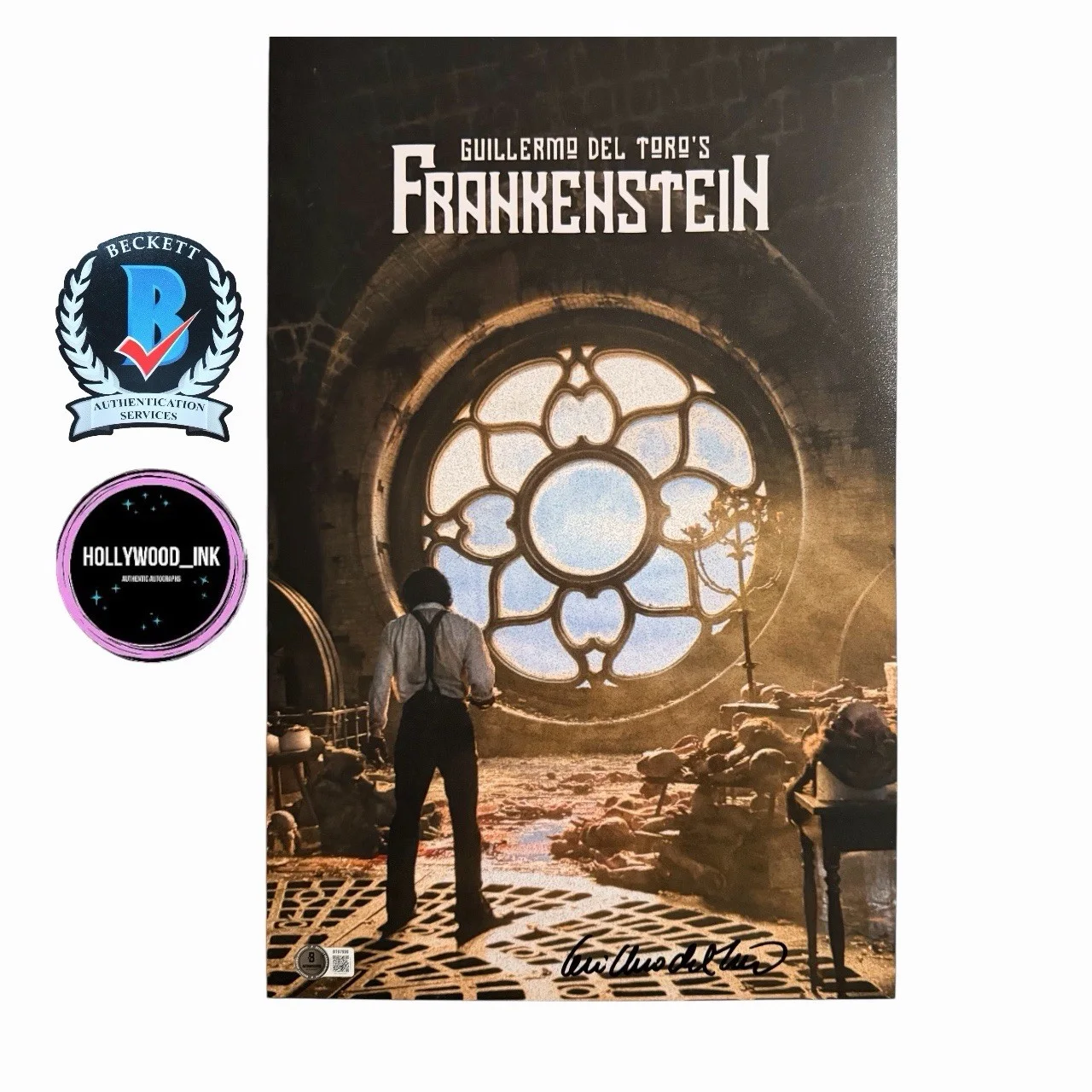 Guillermo Del Toro — GUILLERMO DEL TORO SIGNED AUTOGRAPH 11x17 FRANKENSTEIN PHOTO BECKETT-B