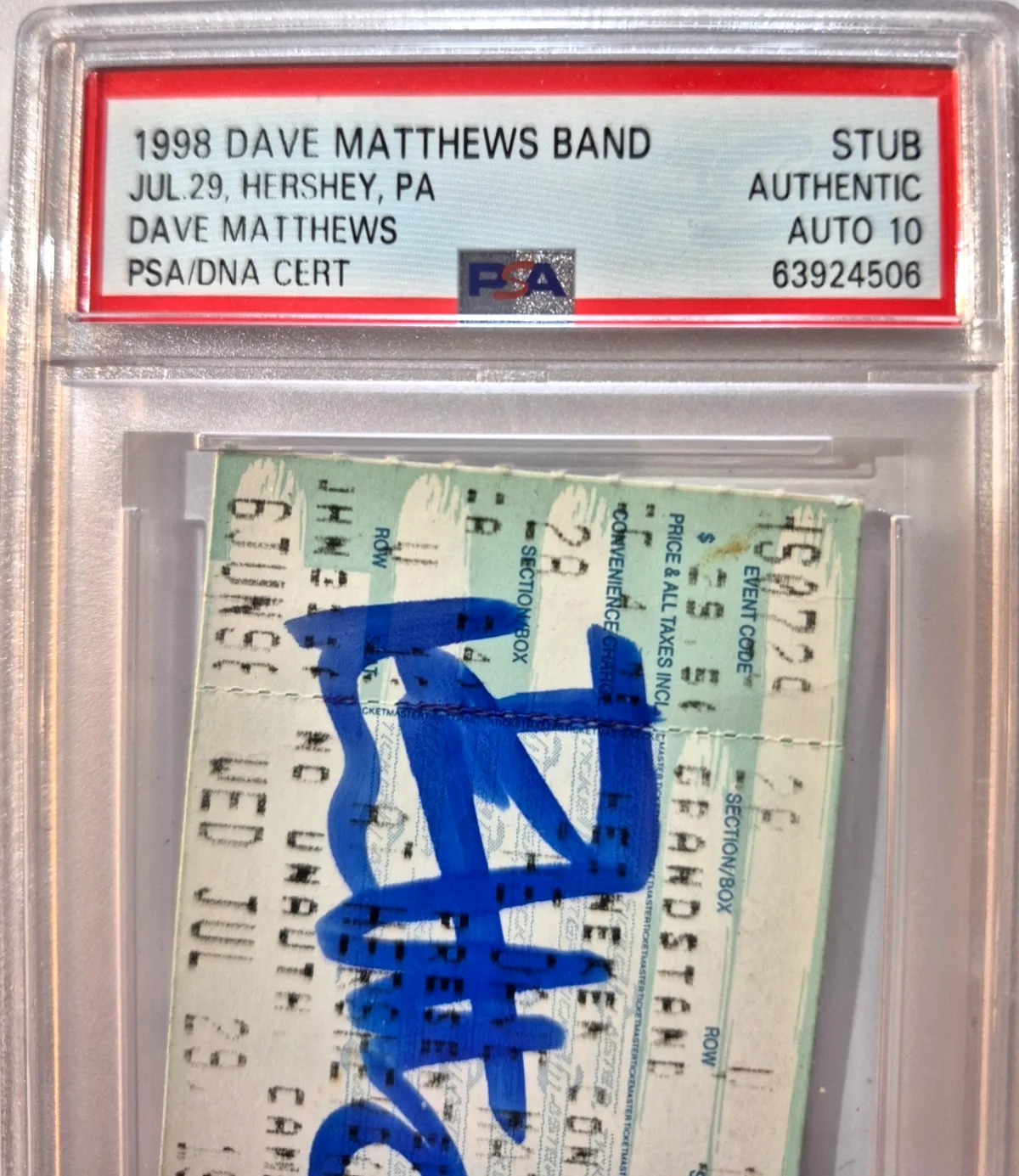 DAVE MATTHEWS BAND SIGNED AUTOGRAPHED 1998 TICKET STUB PSA COA SLABBED AUTO 10, image 2