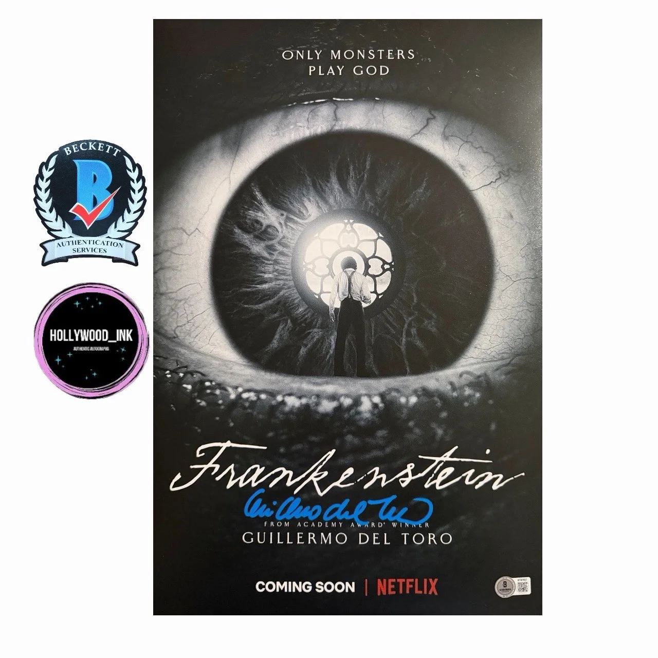 Guillermo Del Toro — GUILLERMO DEL TORO SIGNED AUTOGRAPH 12x18 FRANKENSTEIN PHOTO BECKETT-C