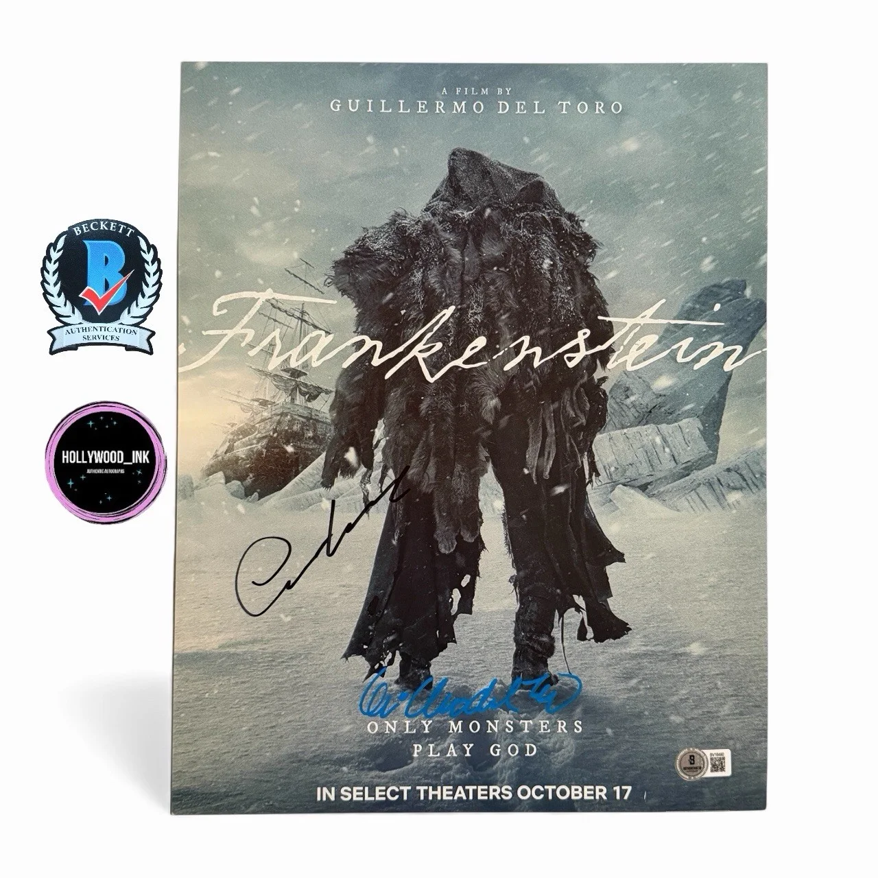 Oscar Isaac and Guillermo Del Toro — OSCAR ISAAC GUILLERMO DEL TORO SIGNED AUTOGRAPH 11x14 FRANKENSTEIN PHOTO BECKETT