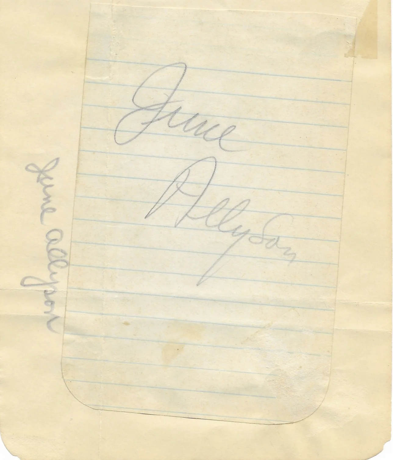 June Allyson — June Allyson Authentic Vintage Signed 3x4 Paper Slip Classic Hollywood Star