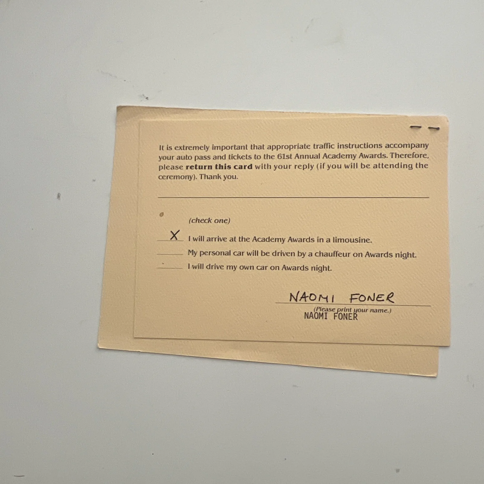 Naomi Foner Gyllenhaal Autographed Oscar Academy Award running on empty invit, изображение 2
