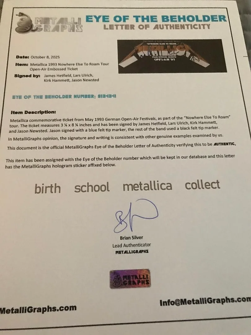 METALLICA FULLY SIGNED 93' NOWHERE ELSE TO ROAM TICKET X4 FULL COA METALLIGRAPHS, изображение 4