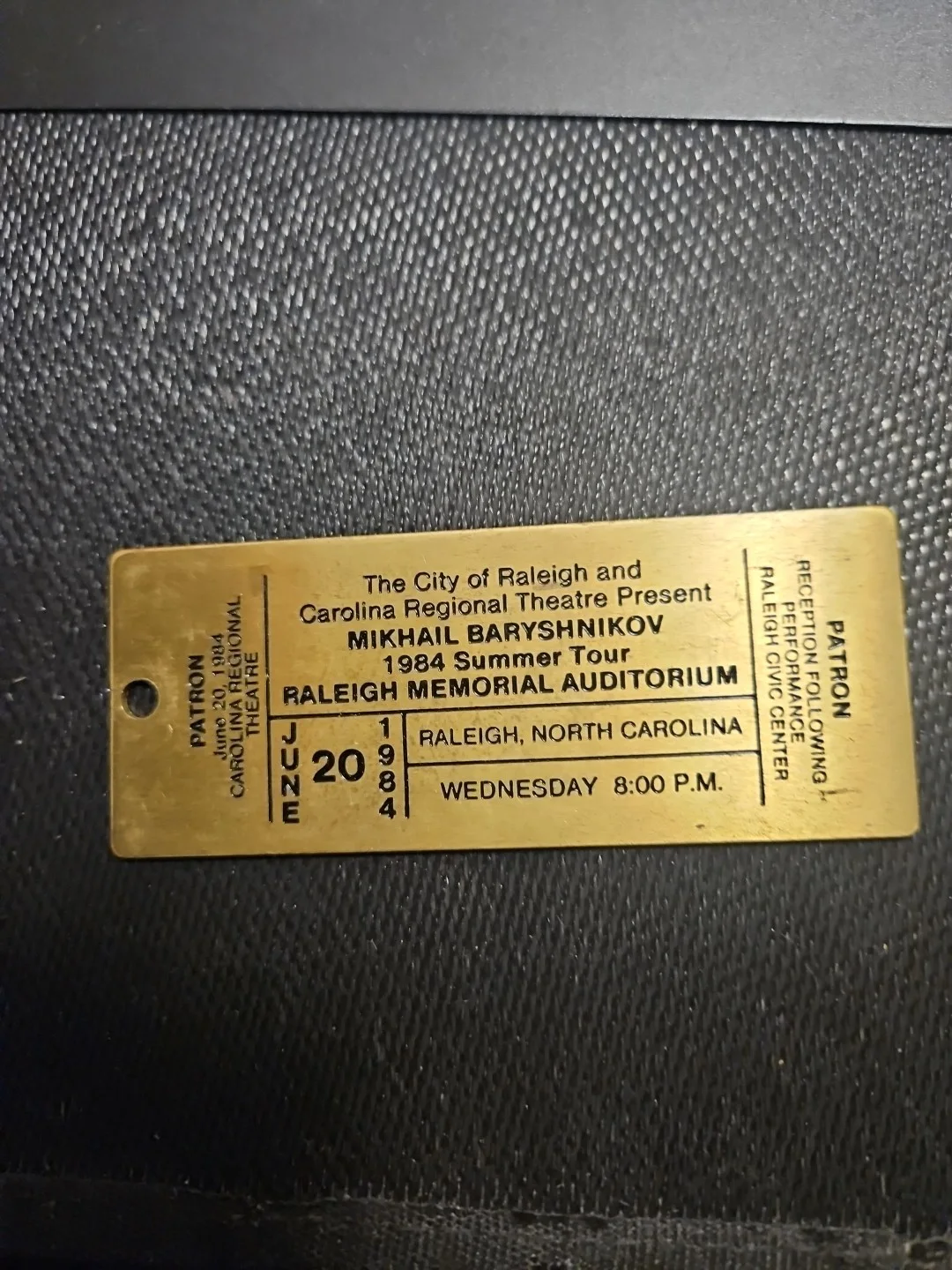 Vintage Brass Commemorative Ticket For MIKHAIL BARYSHNIKOV BALLET DANCER,RALEIGH, image 2