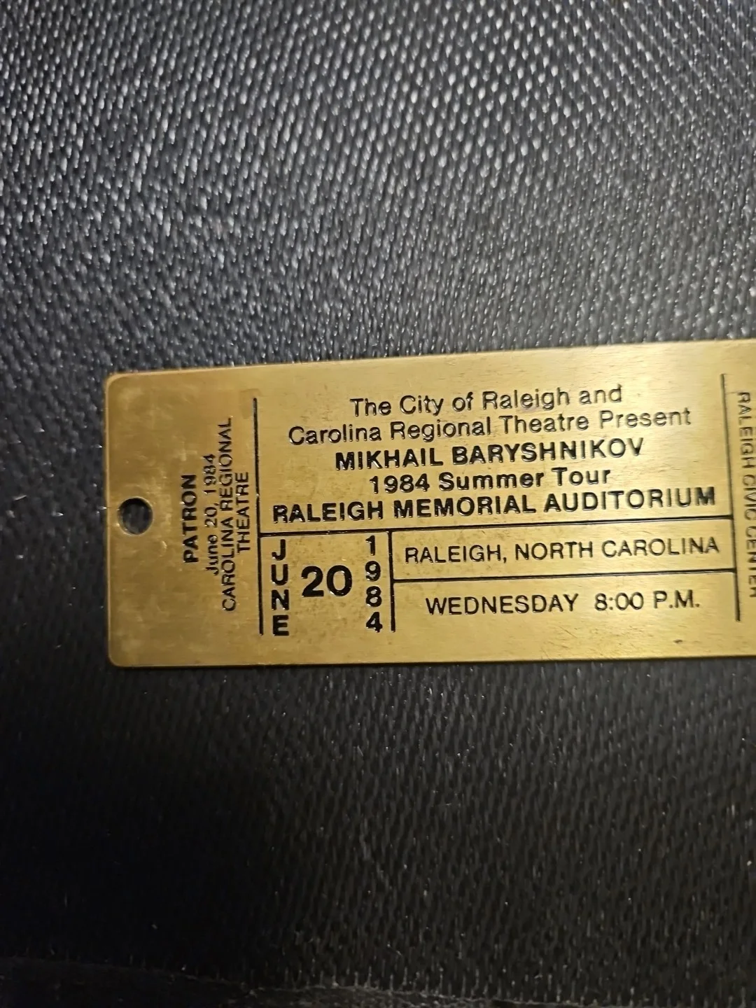 Vintage Brass Commemorative Ticket For MIKHAIL BARYSHNIKOV BALLET DANCER,RALEIGH, image 3