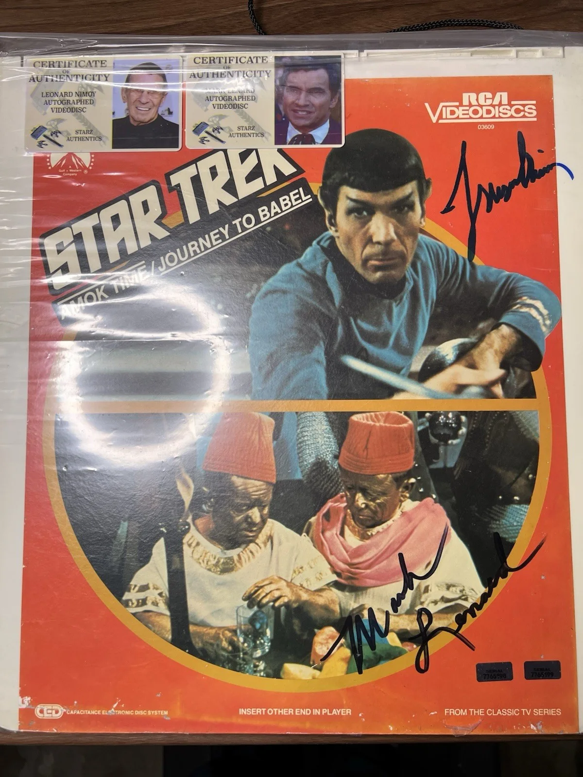 Star Trek Leonard Nimoy & Mark Lenard TWO Autographs Videodisc Spock Sarek, image 3