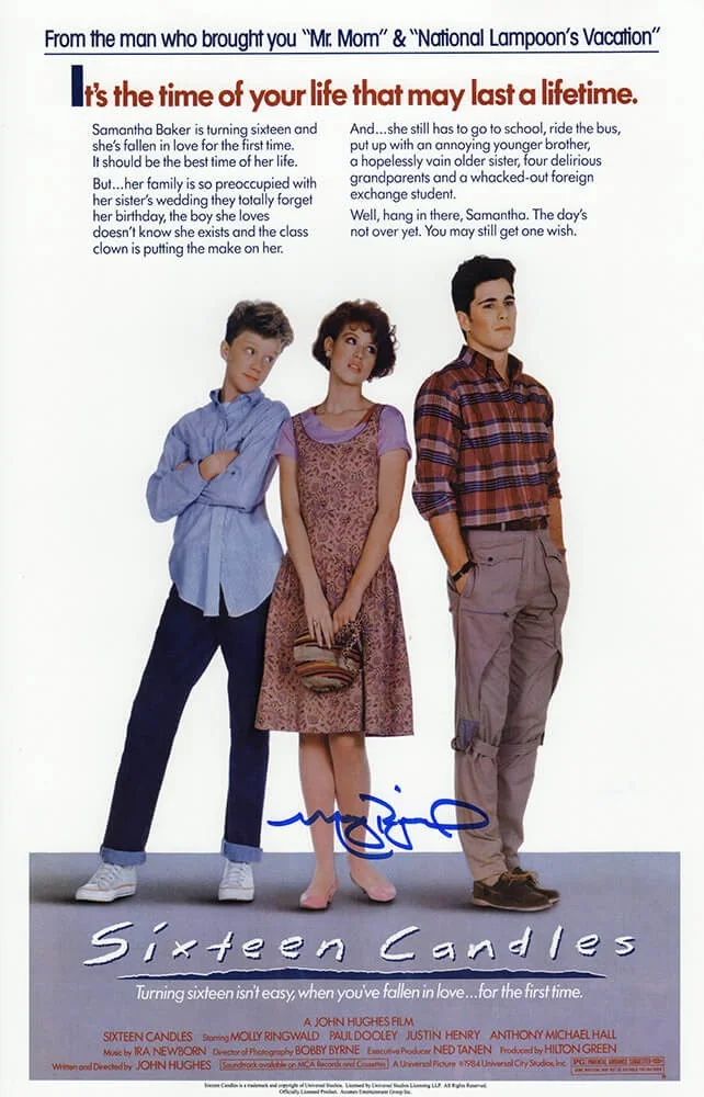 Websites — Molly Ringwald Signed Sixteen Candles 11x17 Movie Poster (In Blue)(SCHWARTZ COA)