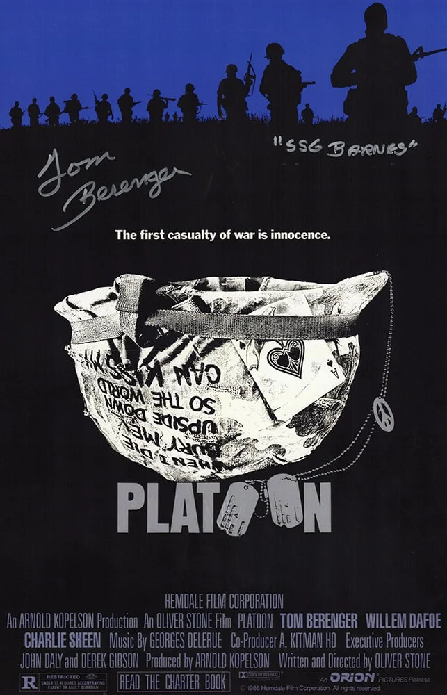 Websites — Tom Berenger Signed Platoon 11x17 Movie Poster w/SSG Barnes - (SCHWARTZ COA)