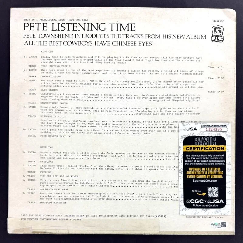 Pete Townshend — Pete Townshend The Who Signed Autograph Album Record - Listening Time w/ JSA COA, изображение 2