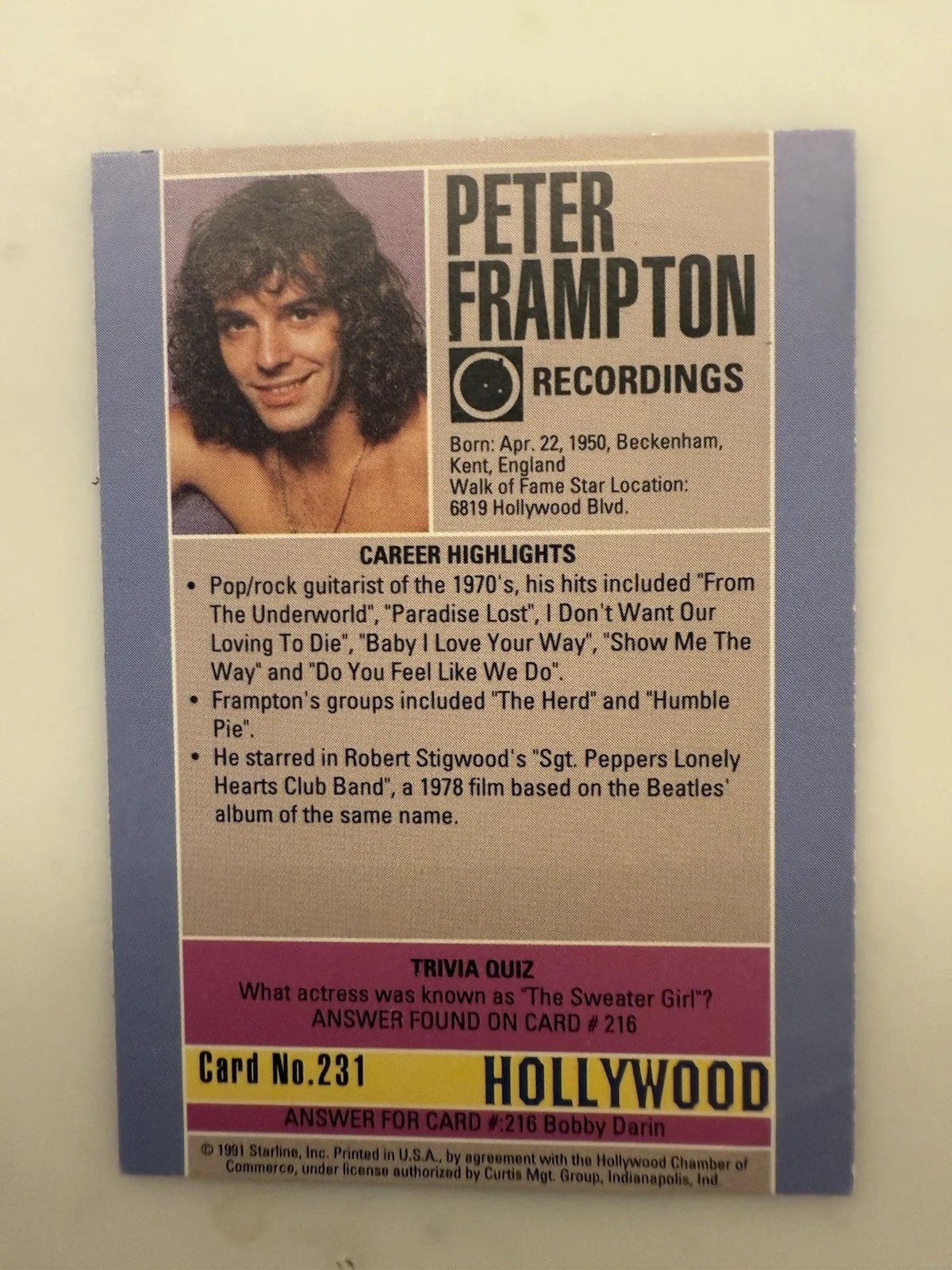 Peter Frampton signed 1991 Starline Hollywood card LOA, image 2