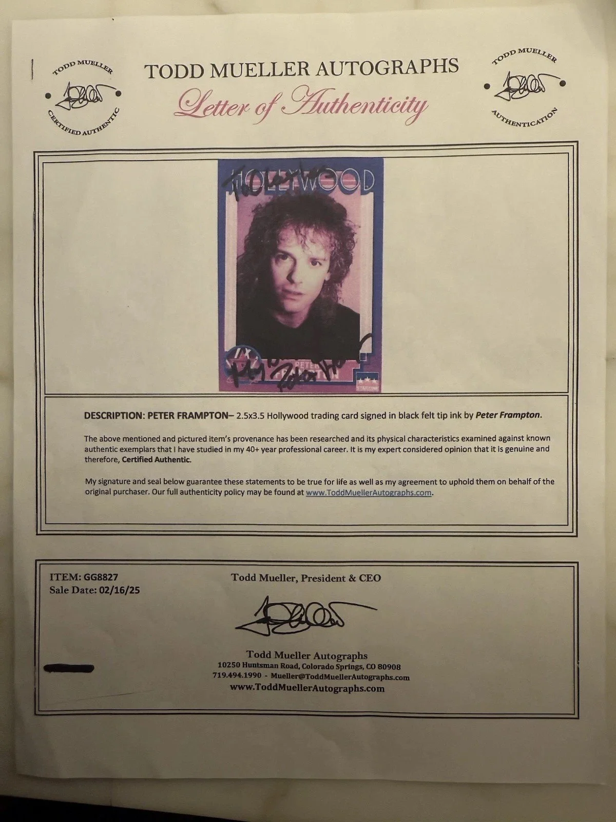Peter Frampton signed 1991 Starline Hollywood card LOA, image 3