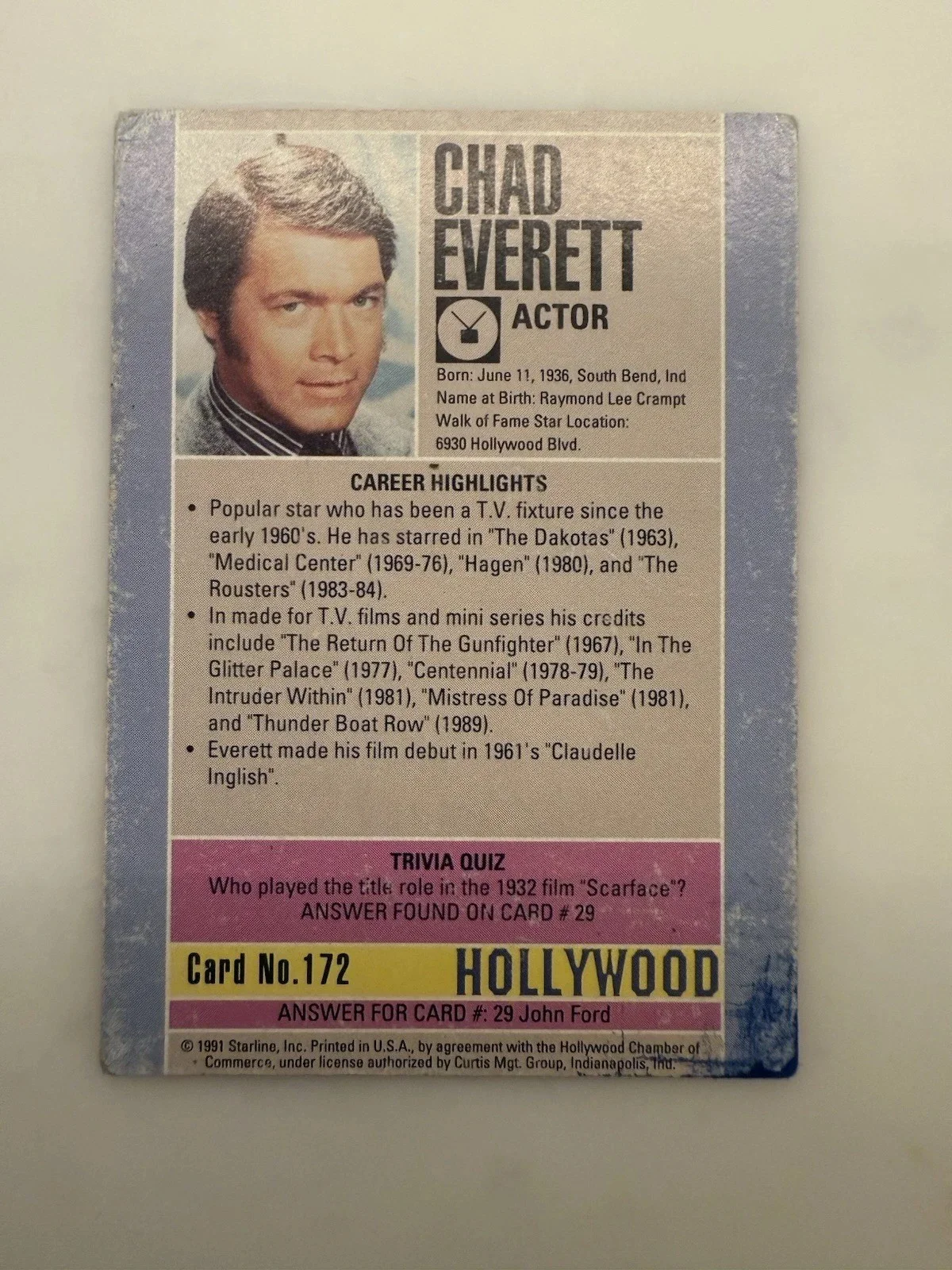 Chad Everett signed 1991 Starline Hollywood card LOA, image 2