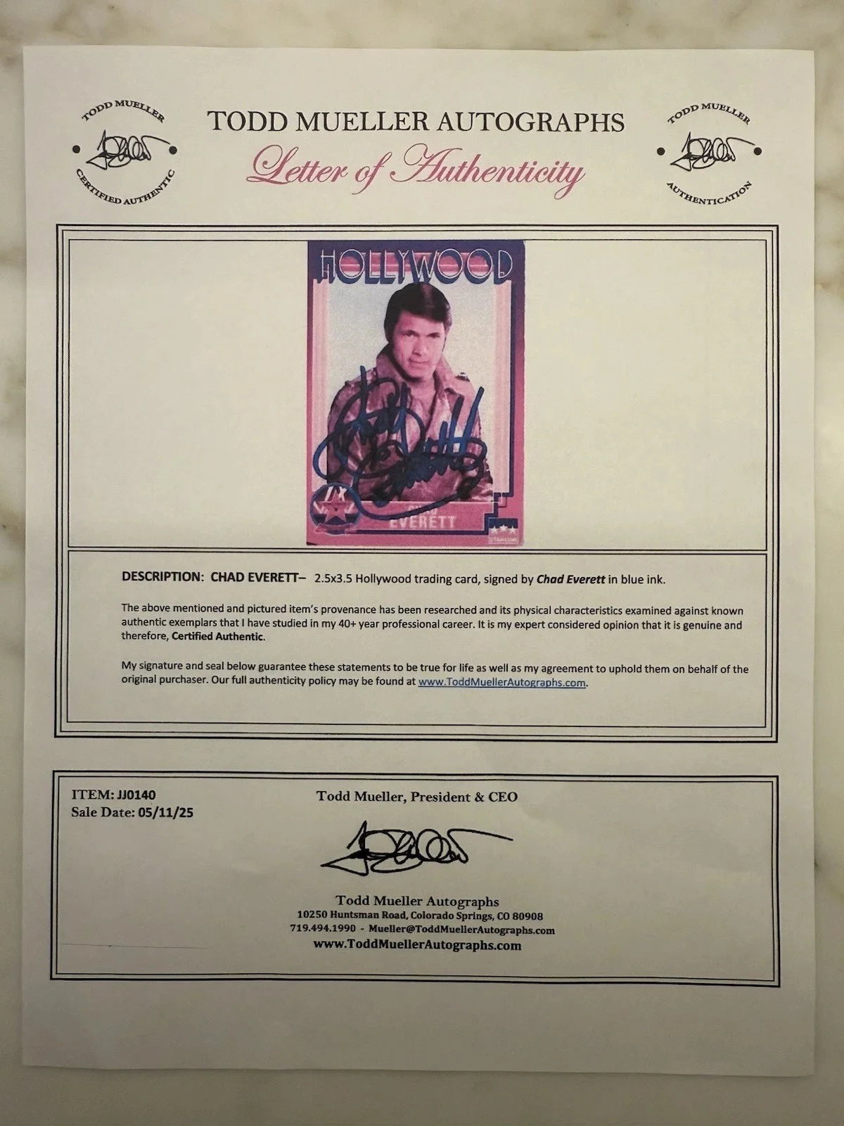 Chad Everett signed 1991 Starline Hollywood card LOA, image 3