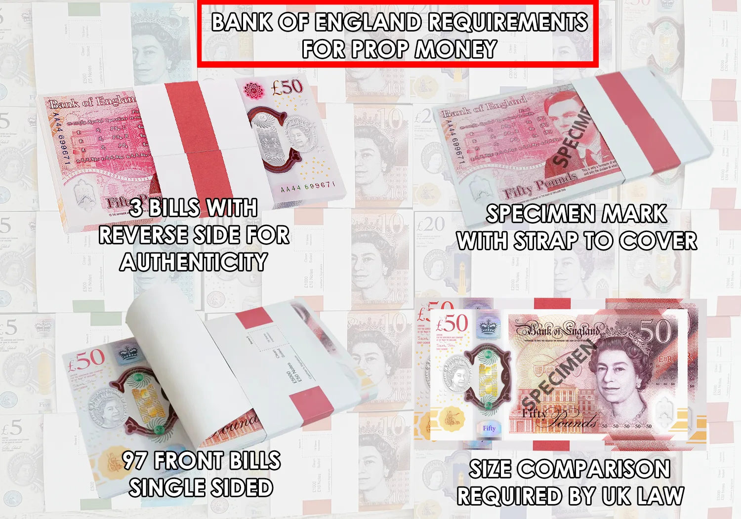 £50 GBP REPLICA MONEY 100 BANK NOTES - UK POUNDS, CASH FOR MOVIES PHOTOS PRANKS, изображение 4