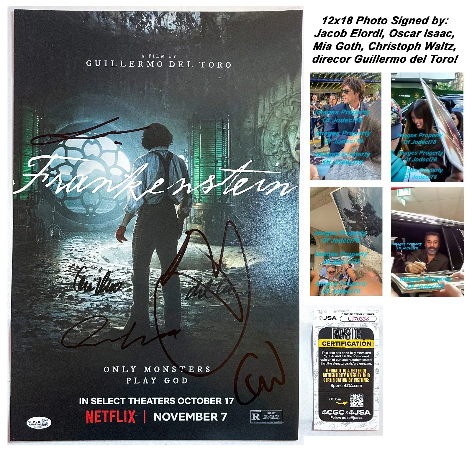 Jacob Elordi, Oscar Isaac, Mia Goth, Christoph Waltz — Jacob Elordi Mia Goth Oscar Isaac 5x Cast Signed FRANKENSTEIN 12x18 Photo JSA B