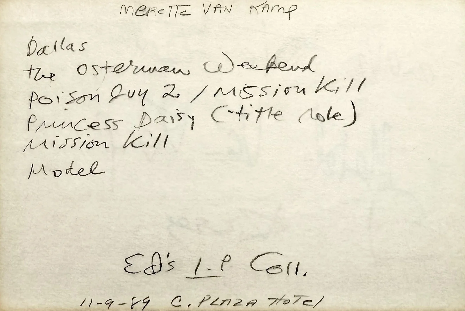 Merete Van Kamp — MERETE VAN KAMP Signed Autographed 4"x 6" INDEX CARD HOTEL Mission Kill DALLAS, изображение 3