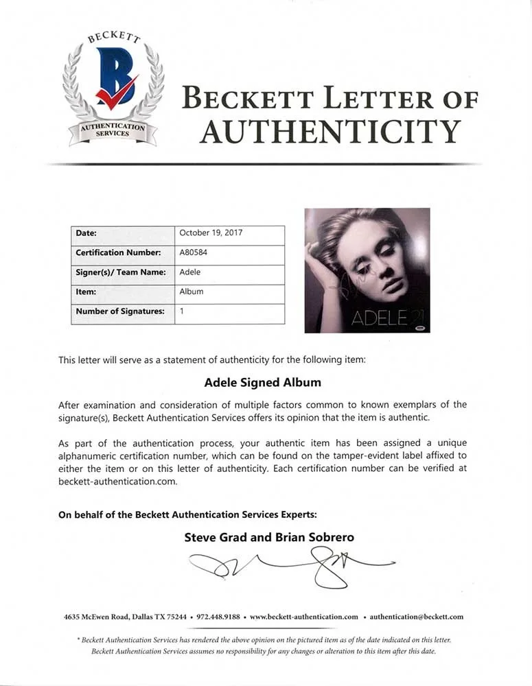 Adele 21 Autographed Signed Album LP Record Certified Authentic BAS PSA/DNA COA, image 3