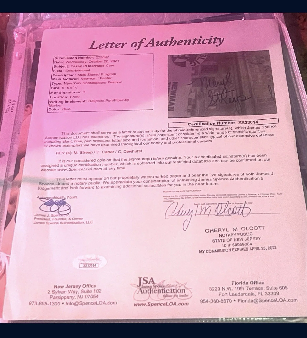 JSA COA LOA MERYL STREEP +2 SIGNED NEW YORK SHAKESPEARE PROGRAM, image 3