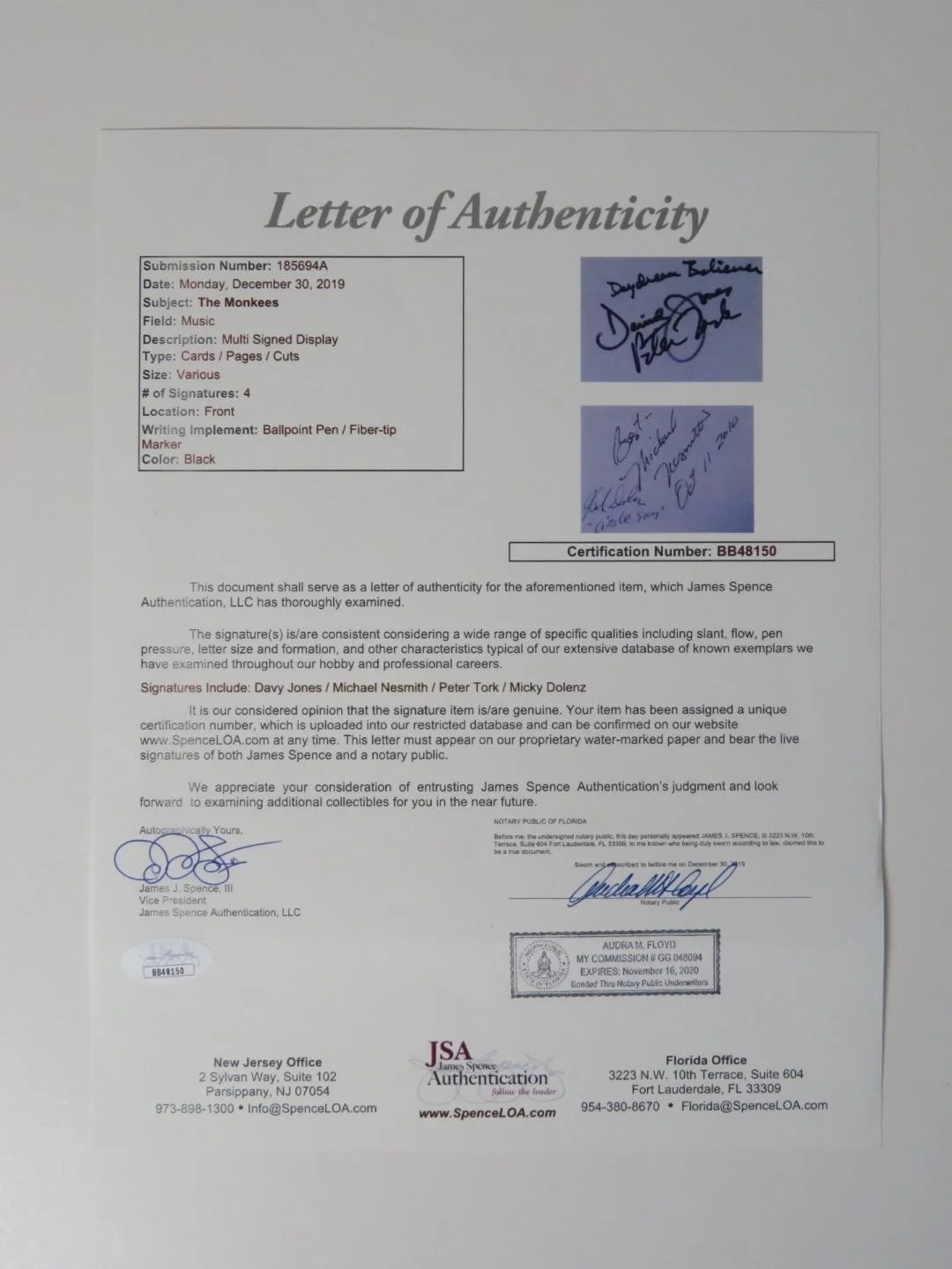 THE MONKEES Signed Autograph Auto Index Card Cut Page Slab by 4 PSA JSA, image 3