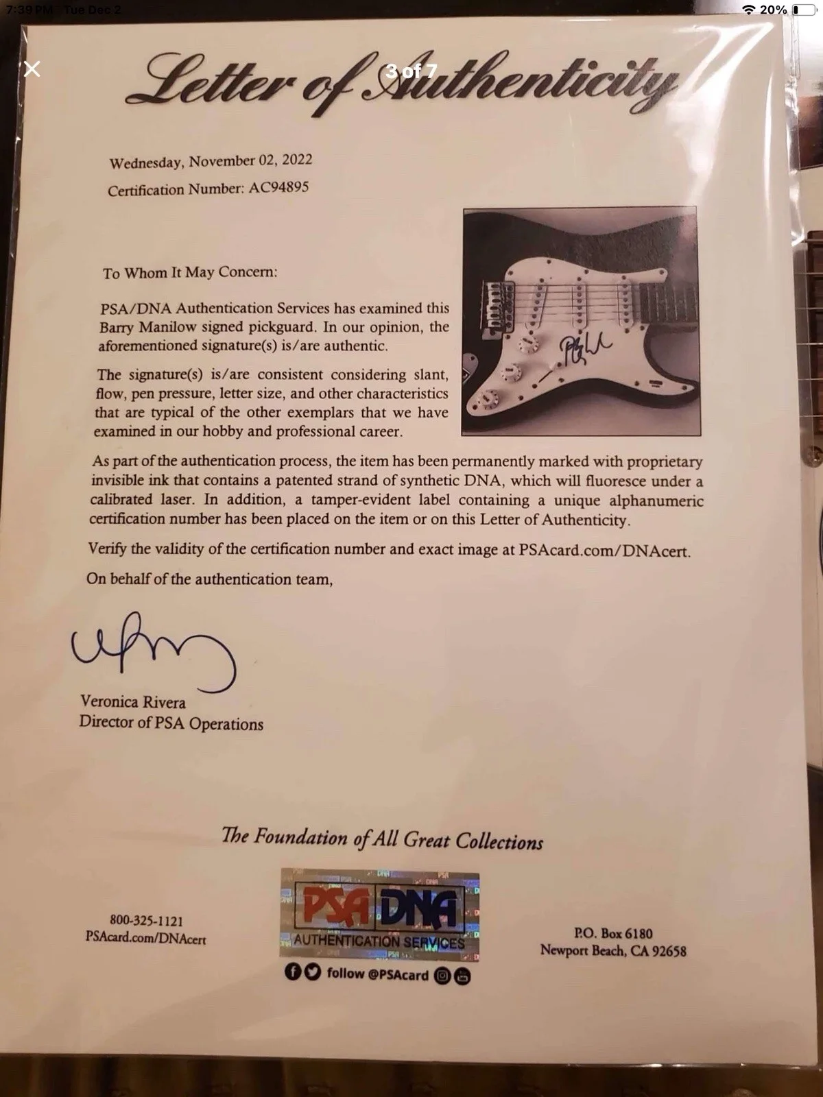 Barry Manilow Signed Electric Guitar PSA DNA COA, image 3