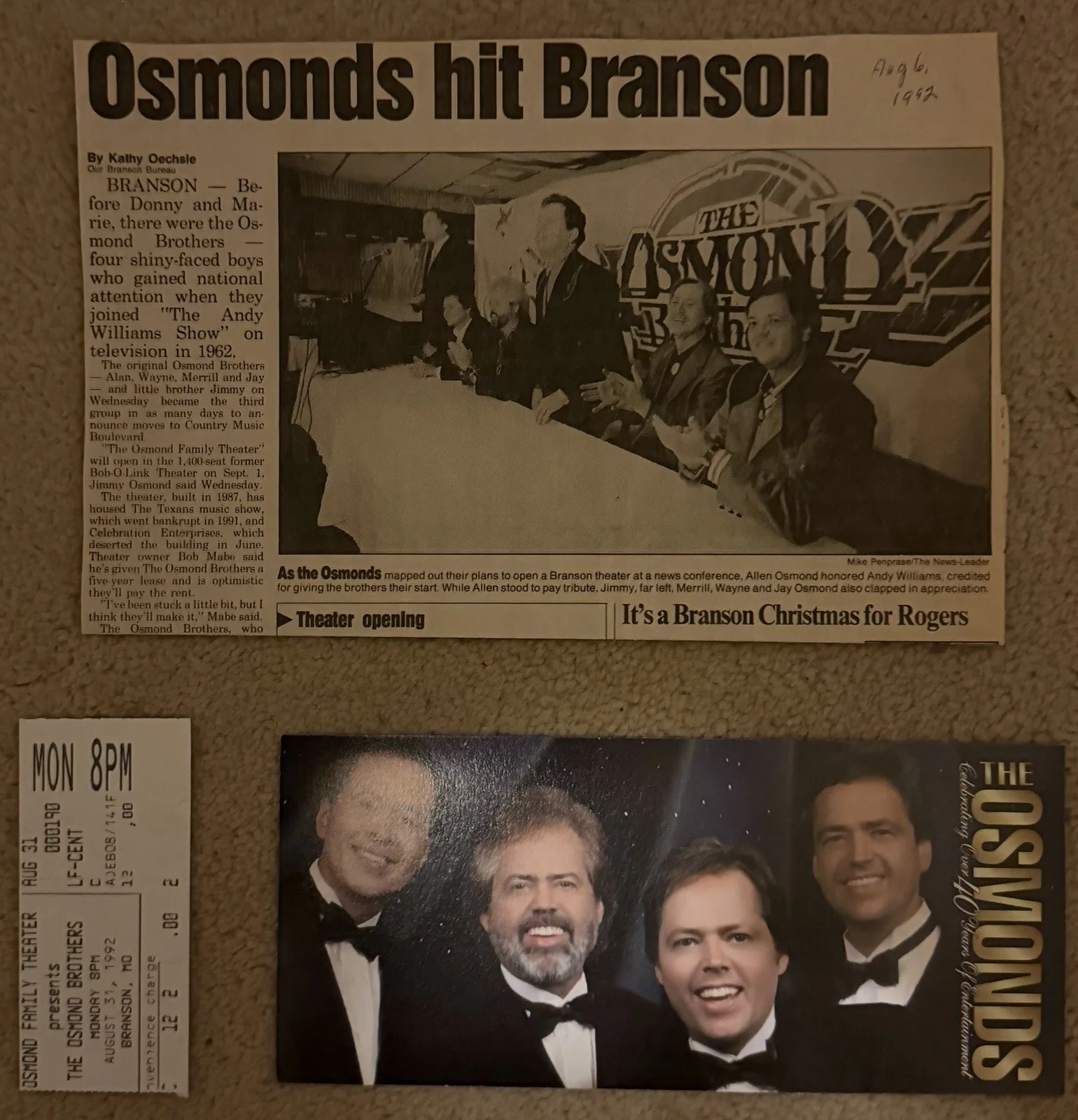 Osmond Brothers — Osmond Brothers Signed Photo, Pictures & Memorabilia from Branson, Mo. 1992., image 3