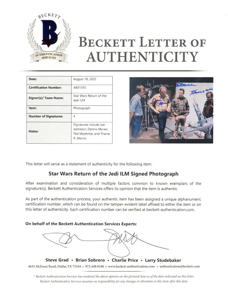 JOE JOHNSTON MUREN MOEHNKE MORRIS SIGNED 8x10 PHOTO ILM STAR WARS BECKETT BAS, изображение 2