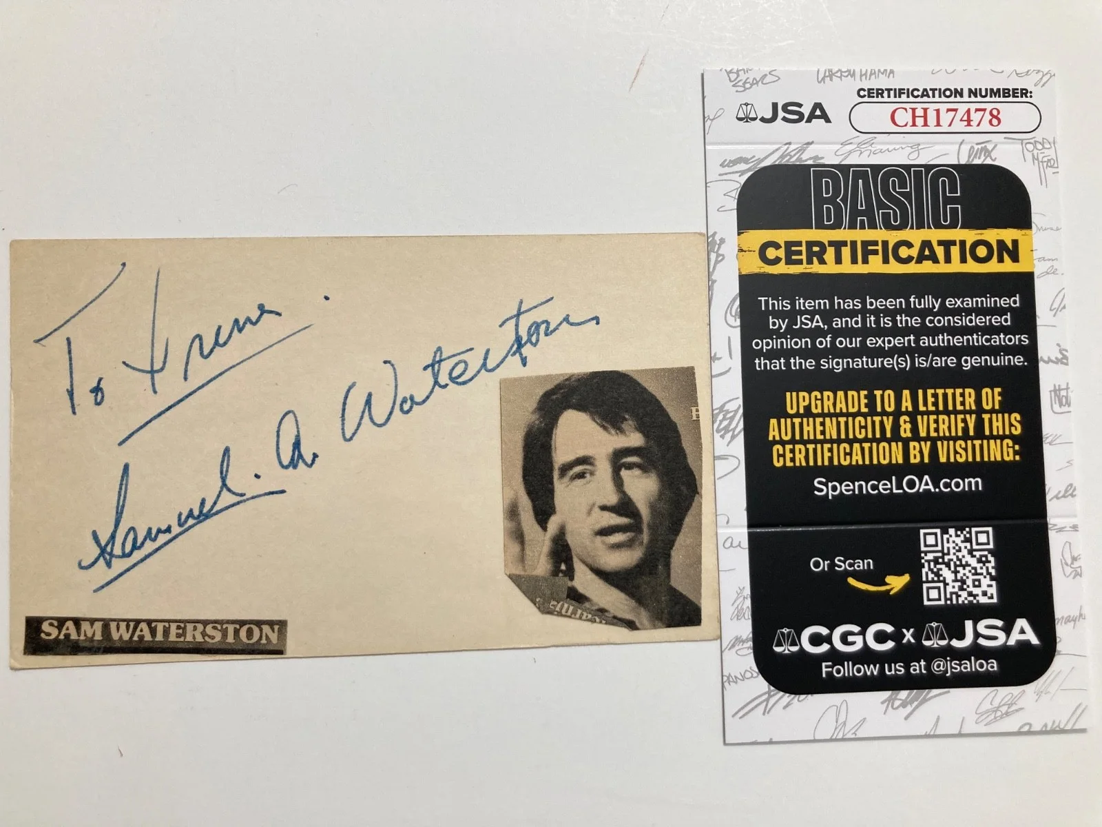 SAM WATERSTON — SAM WATERSTON signed 3x5 card "LAW AND ORDER", "THE KILLING FIE JSA#CH17478