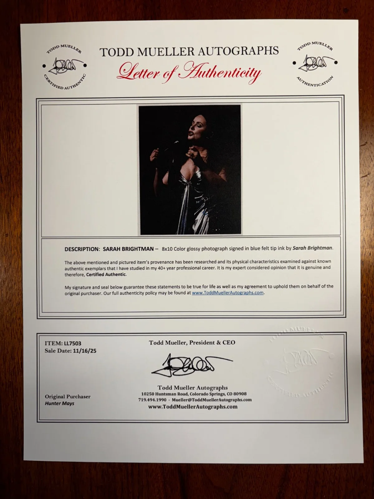Stunning Sara Brightman Signed 8x10 Color Photo "Phantom of The Opera" COA, image 4