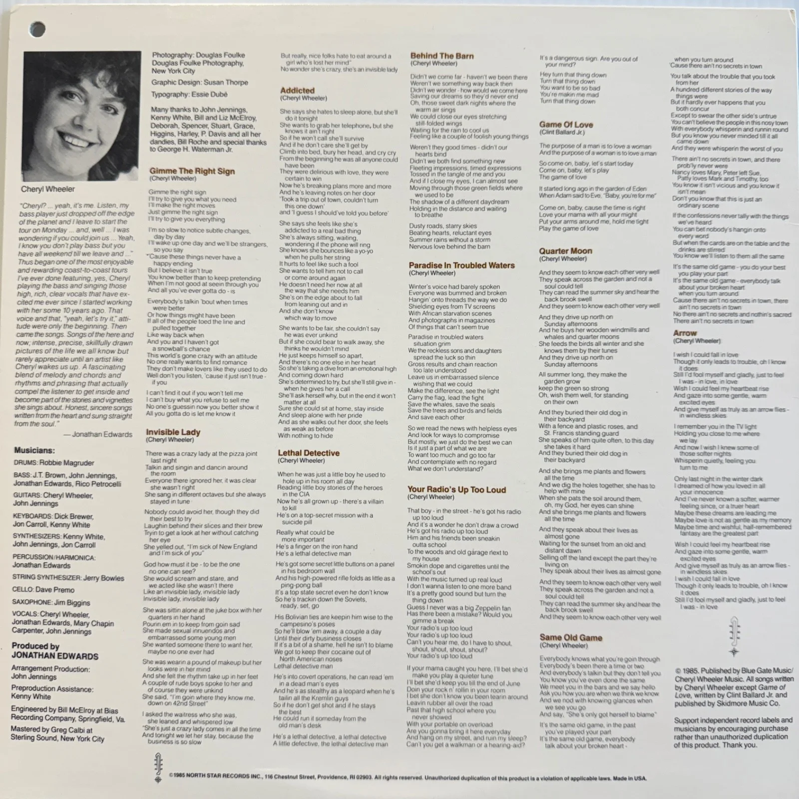CHERYL WHEELER - AUTOGRAPH!! Signed VINYL LP W0001 North Star SIGNED TO MIRO NM!, изображение 3