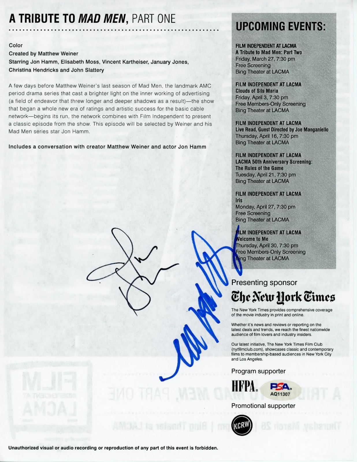 Jon Hamm & Matthew Weiner — Jon Hamm & Matthew Weiner Mad Men Signed 8.5 x 11 Photo Paper PSA DNA Autographs