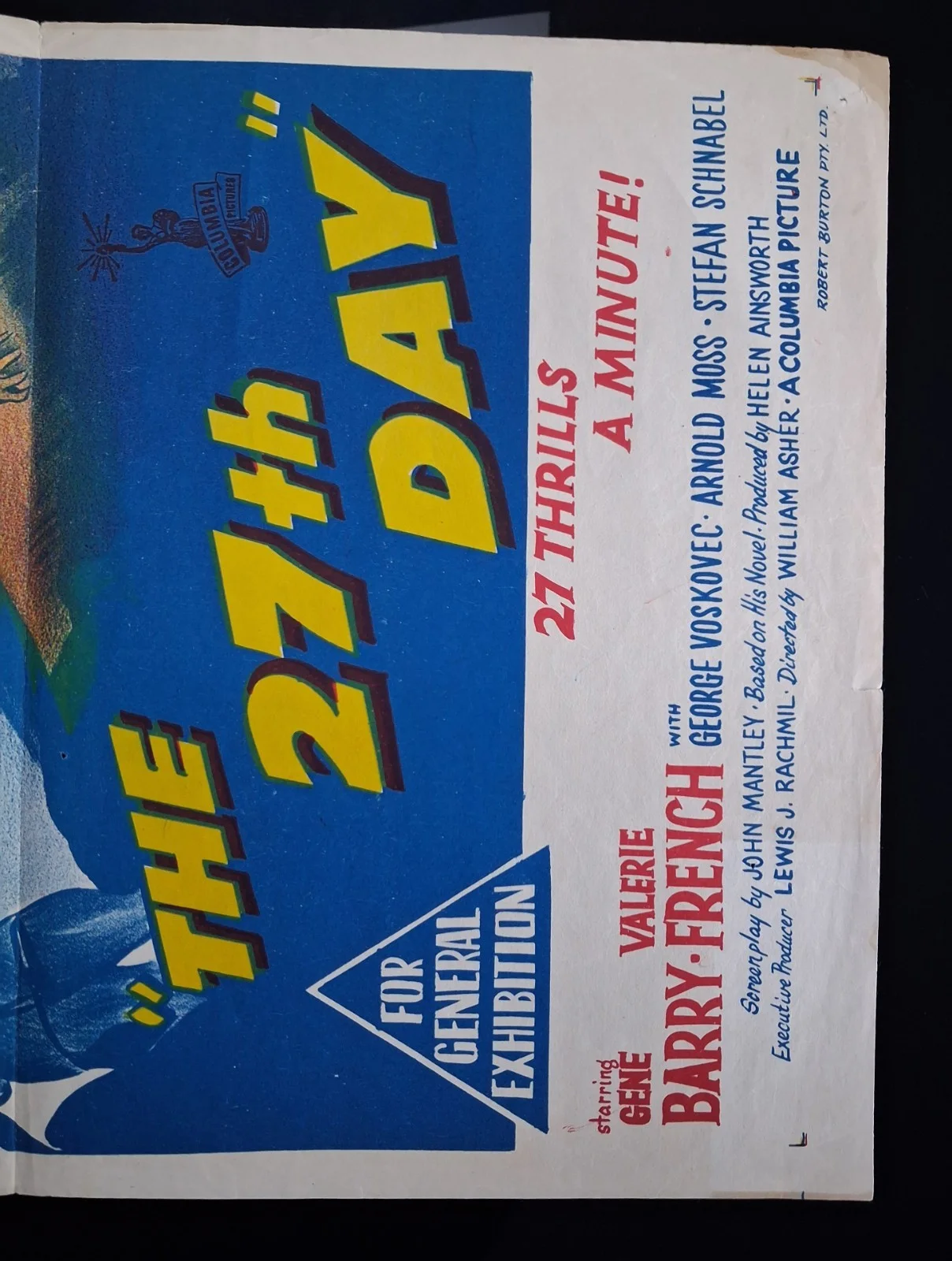 An Original '27th Day' 1957 Vintage Folded Australian Daybill Movie Poster, image 2