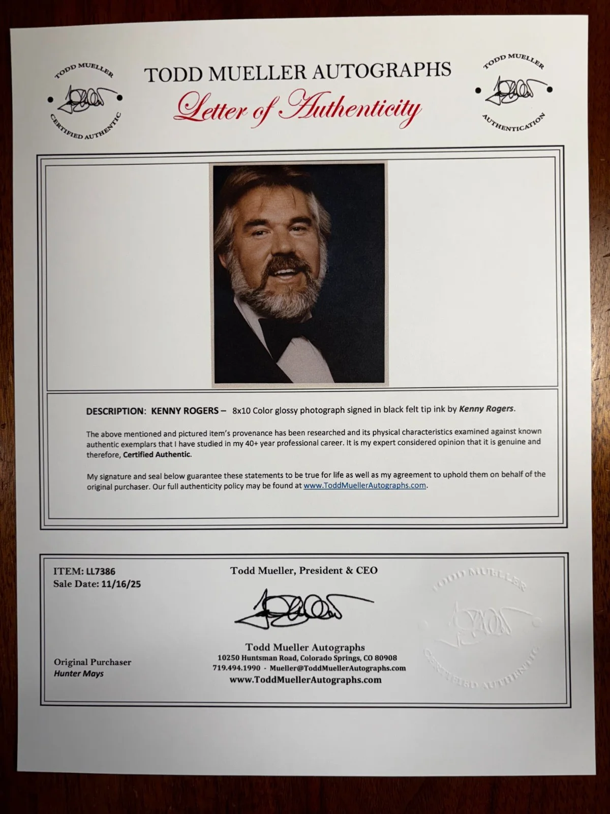Stunning 8x10 Color Close-Up Photo Signed by Singer/Actor KENNY ROGERS with COA, изображение 5