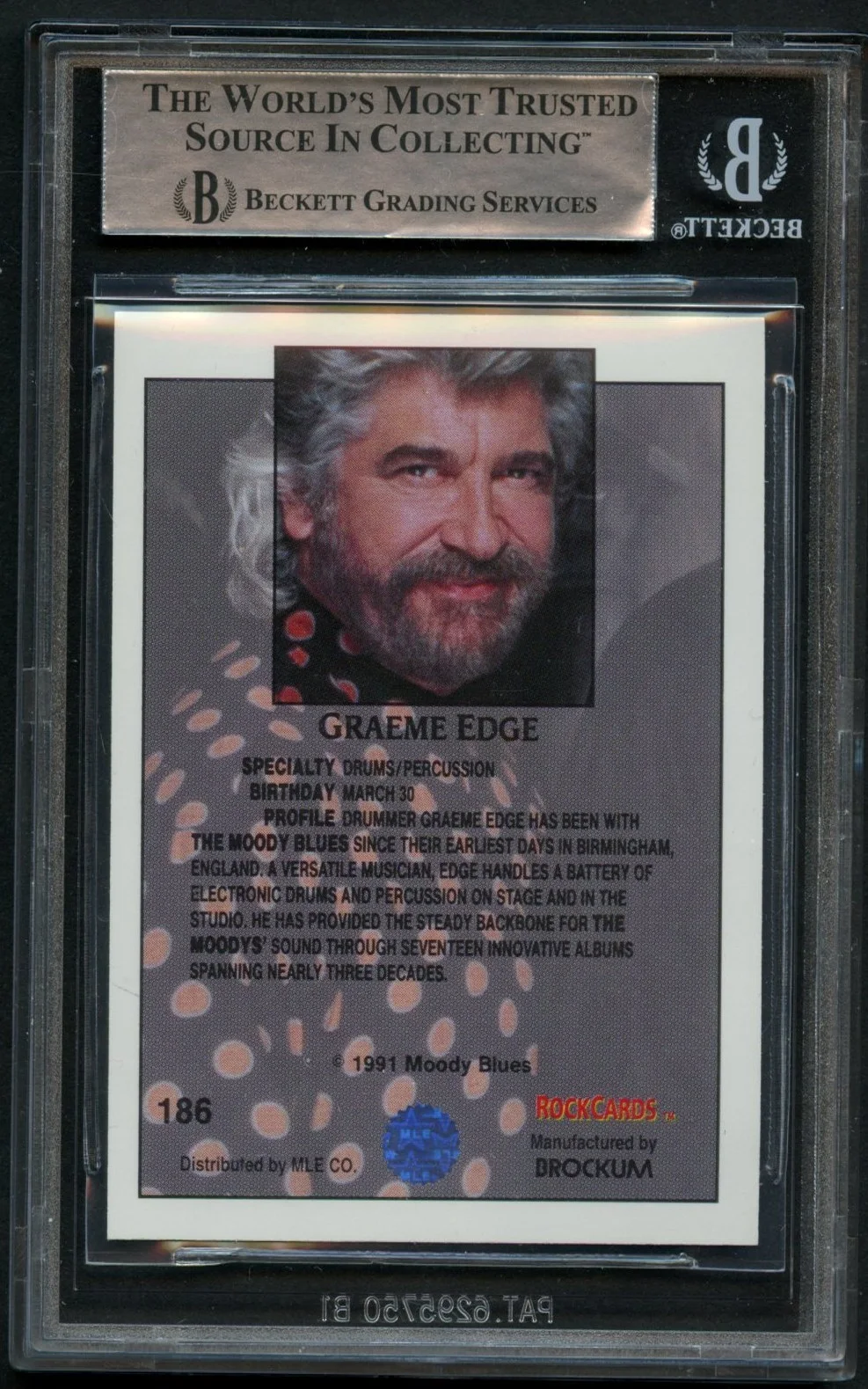 Graeme Edge #186 signed autograph 1991 RockCards Moody Blues Card BAS Slabbed, image 2