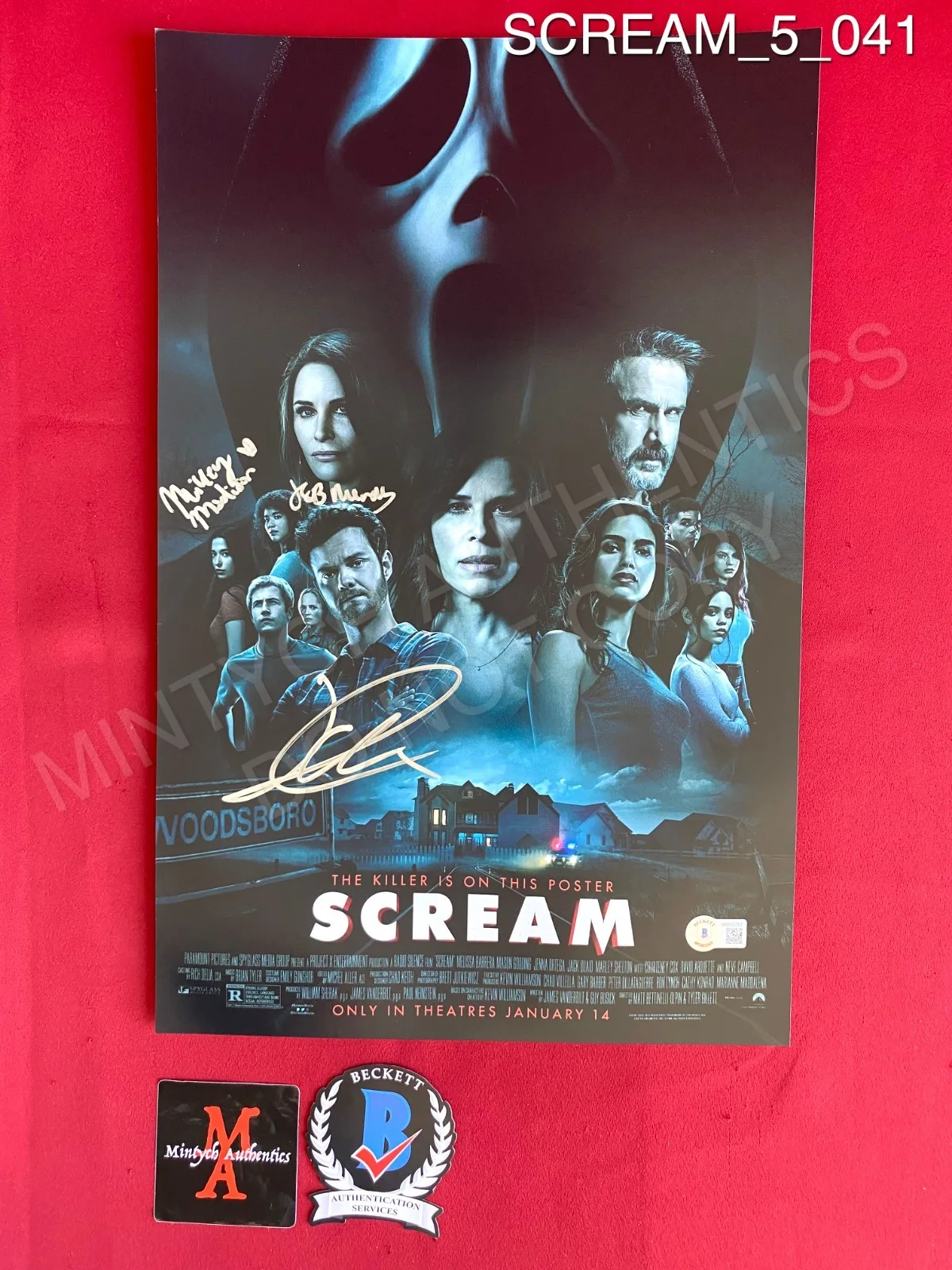 Jasmin Savoy Brown, Mikey Madison, Jack Quaid — Scream 5 cast signed 11x17 photo Mikey Madison Jack Quaid Jasmin Savoy Brown