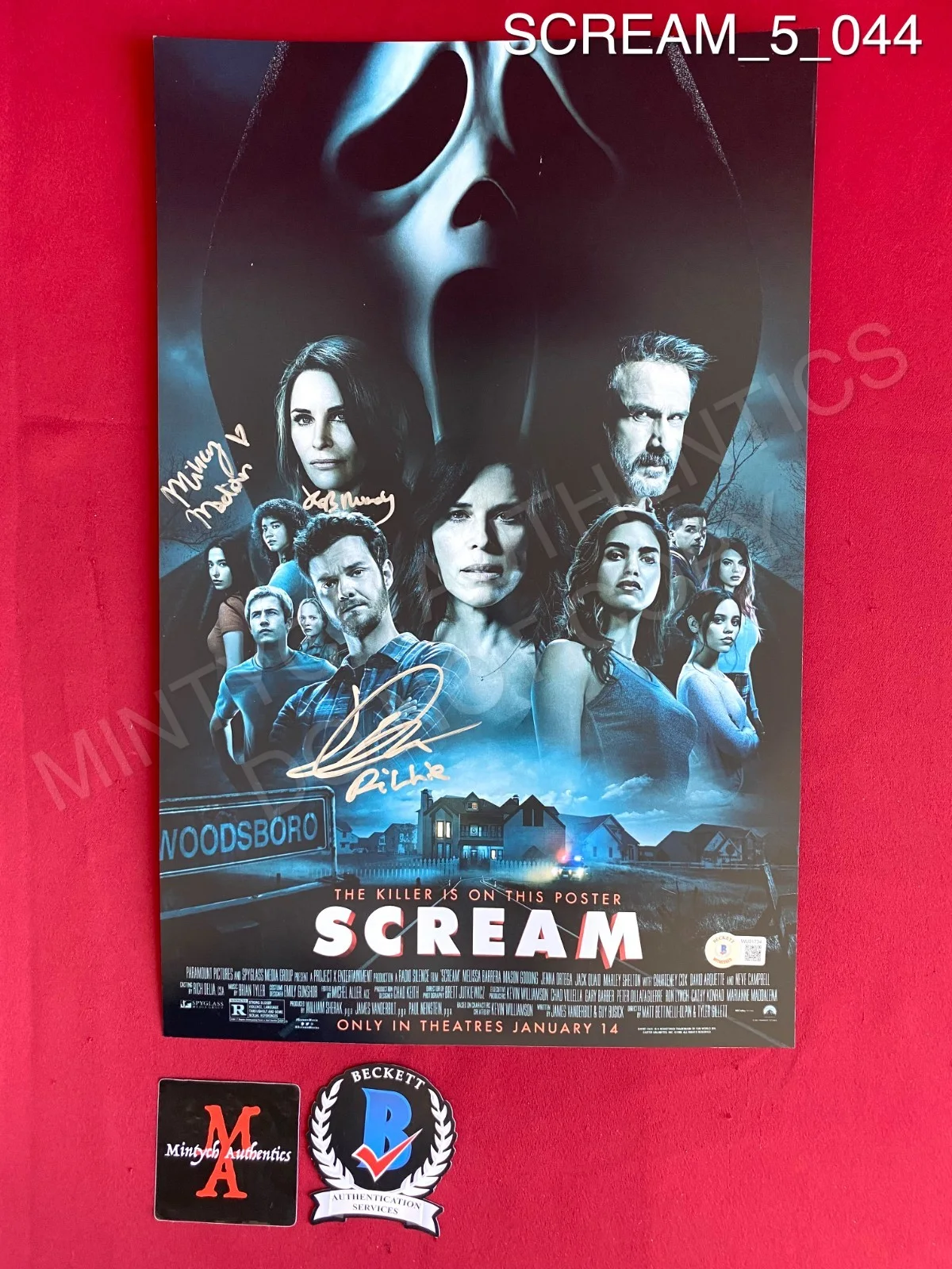 Jasmin Savoy Brown, Mikey Madison, Jack Quaid — Scream 5 cast signed 11x17 photo Mikey Madison Jack Quaid Jasmin Savoy Brown