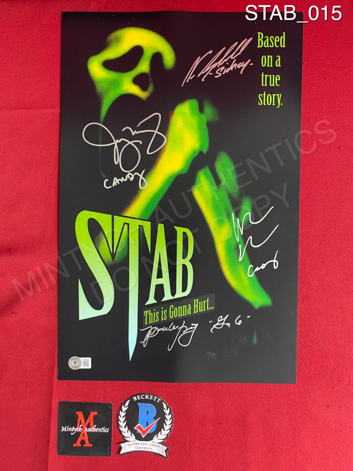 Neve Campbell, Jenny McCarthy, Heather Graham, Parker Posey — Scream Stab cast signed 11x17 photo Campbell McCarthy Graham Posey Beckett COA