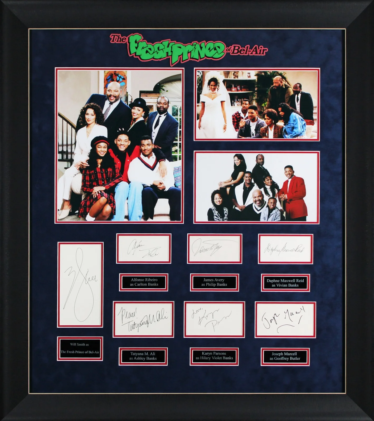 Will Smith, James Avery, Karyn Parsons, Alfonso Ribeiro, Tatyana — Fresh Prince of Bel-Air (7) Smith, Parsons, Ribeiro +4 Signed Framed Display BAS