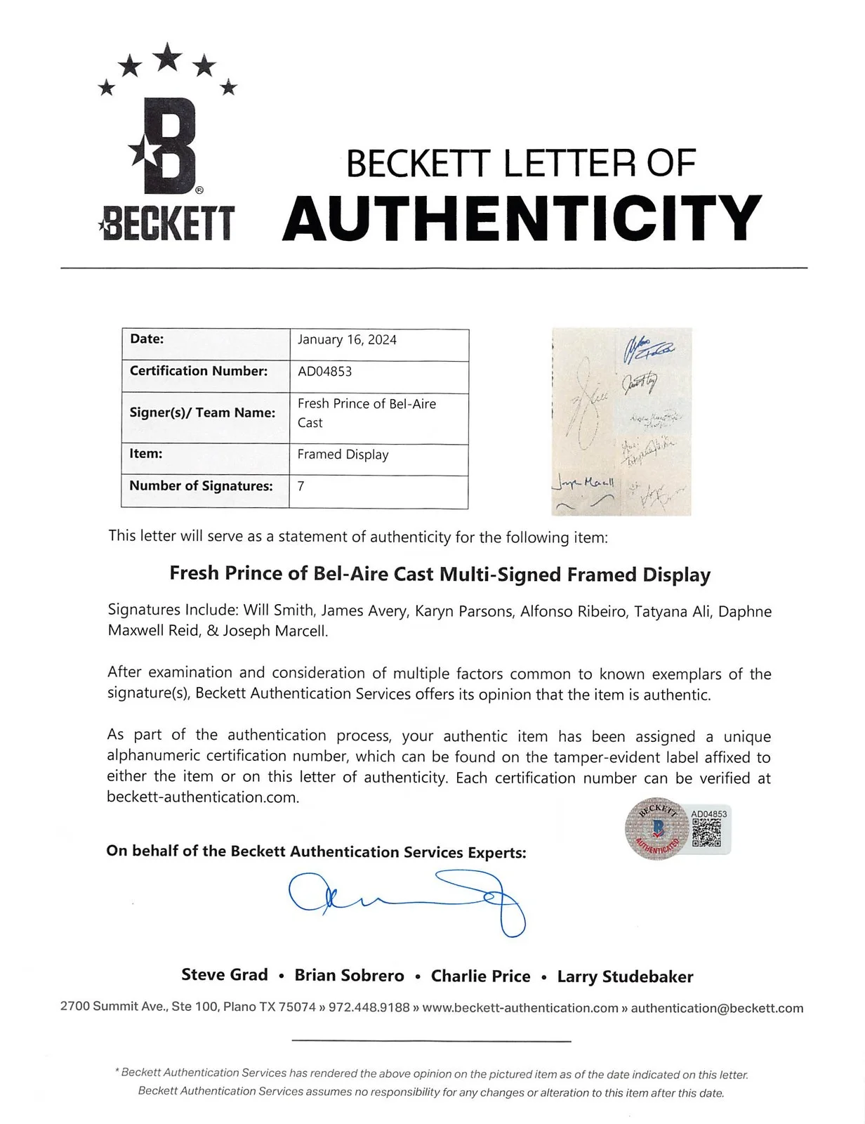 Will Smith, James Avery, Karyn Parsons, Alfonso Ribeiro, Tatyana — Fresh Prince of Bel-Air (7) Smith, Parsons, Ribeiro +4 Signed Framed Display BAS, изображение 4