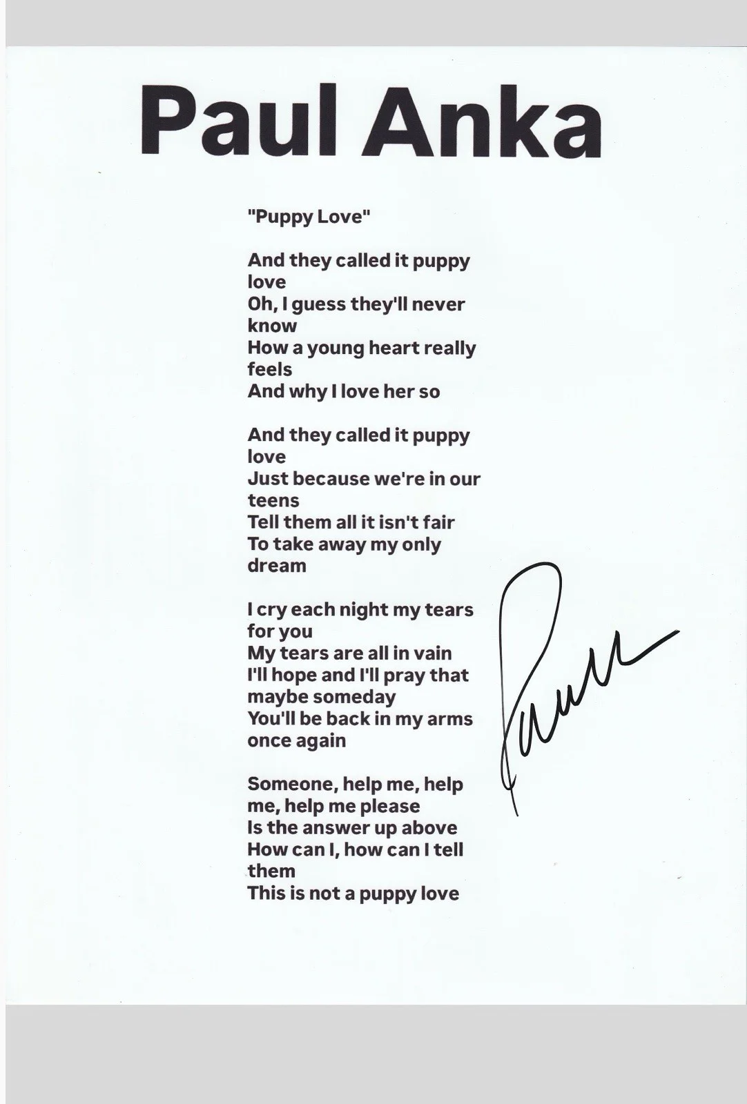 paul anka signed music lyric sheet 8x5 11 Autographed sheet w/proof 4, изображение 2