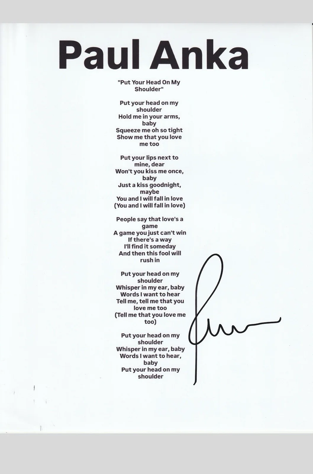 paul anka signed music lyric sheet 8x5 11 Autographed sheet w/proof 3, изображение 2